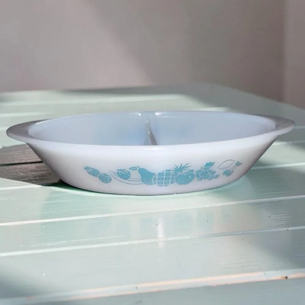 Vintage Milk Glass Fruit Pattern Glasbake Divided Casserole Dish Oval